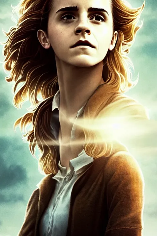 Prompt: Poster artwork, Emma Watson as Hermione Granger, fading!!!, dissolving!!! into light!!!, vanishing!!!, magnificent, medium shot, close up, details, sharp focus, elegant, highly detailed, illustration, by Jordan Grimmer and greg rutkowski and PiNe(パイネ) and 薯子Imoko and 香川悠作 and wlop!! and maya takamura, intricate, beautiful, Trending artstation, pixiv, digital Art