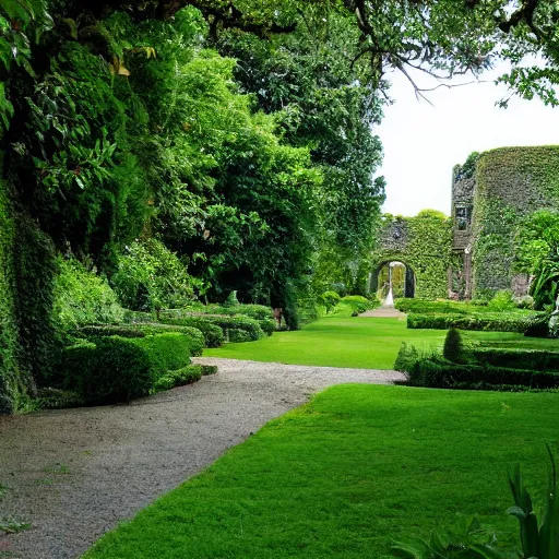 Image similar to the grounds are lush and green, with flowers and trees dotting the lawns. a path leads from the castle gates, through the grounds and into the jungle beyond