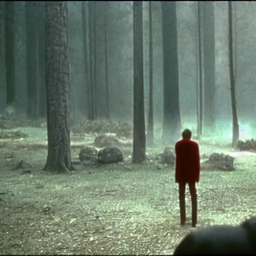 Image similar to a forest, in the background there is a young man wearing red clothes. still from blade runner.