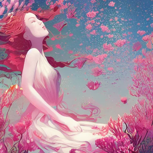 Prompt: Ginger woman in a swirling sundress of flowers, underwater, floral explosion, radiant light, vortex of plum petals, by WLOP, Victo Ngai and artgerm, artstation, deviantart