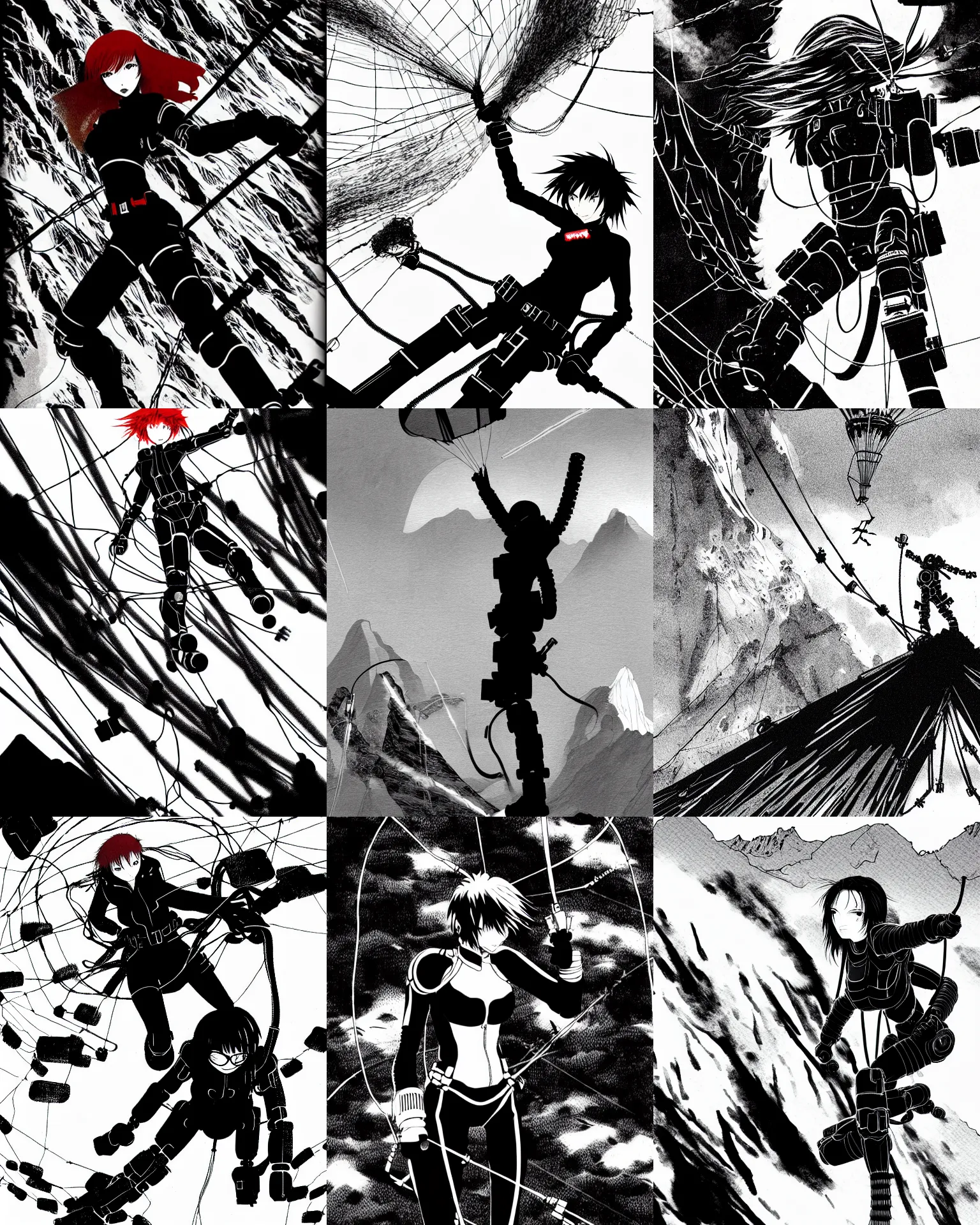 Prompt: black widow red hair flies with a parachute from everest and fires pistols at robots with techno details, by tsutomu nihei, black and white, wires clouds background