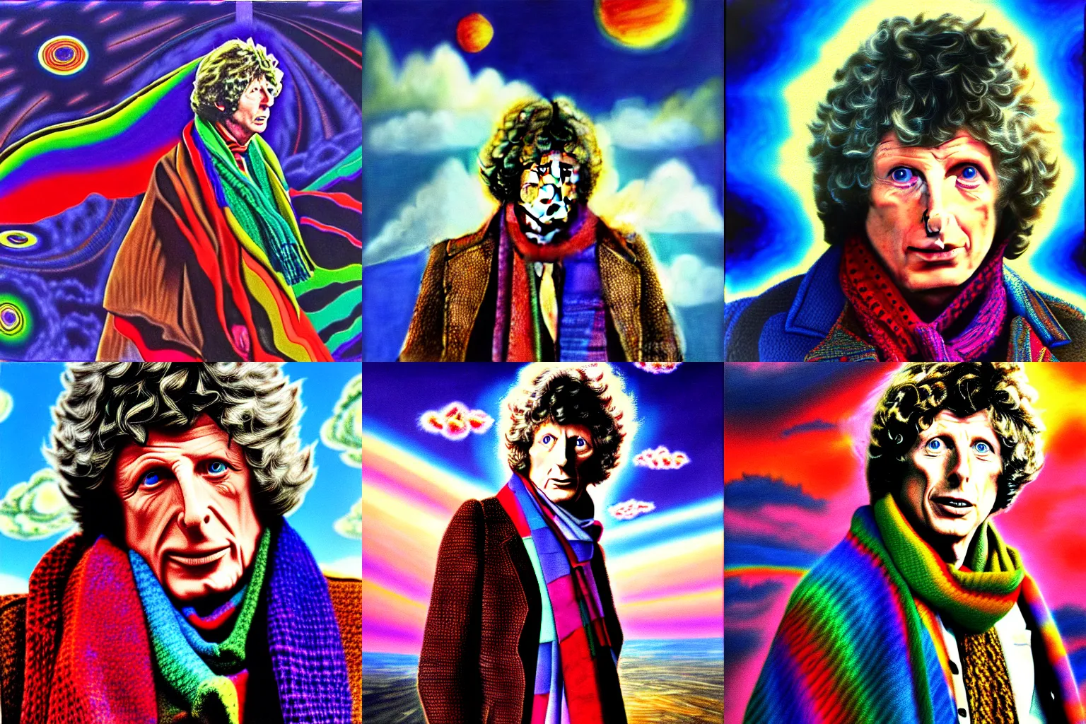 Prompt: tom baker using his scarf to fly, psychedelic, clouds, 4 k, intricate high details, sharp, 1 9 7 7, photo realistic, matt finish, realistic shadows, psychedelic