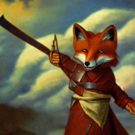 Image similar to anthropomorphic fox who is a medieval knight holding a sword towards a stormy thundercloud, 1930s film still colored