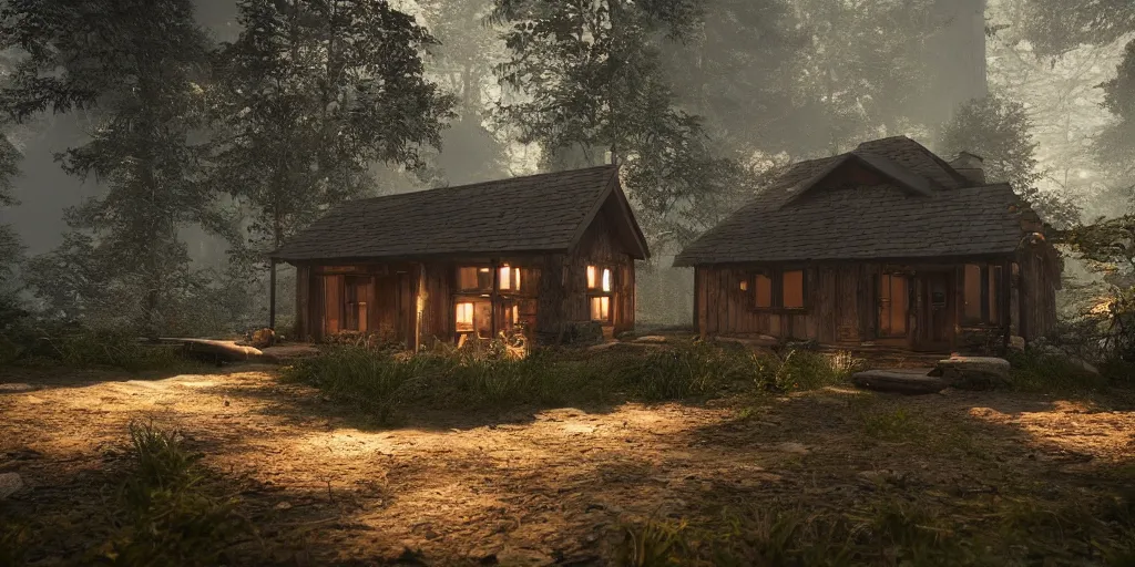 Image similar to a single cottage with a thached roof in the woods and empty woods, 8k, fantasy, unreal engine, dramatic lighting, cinematic