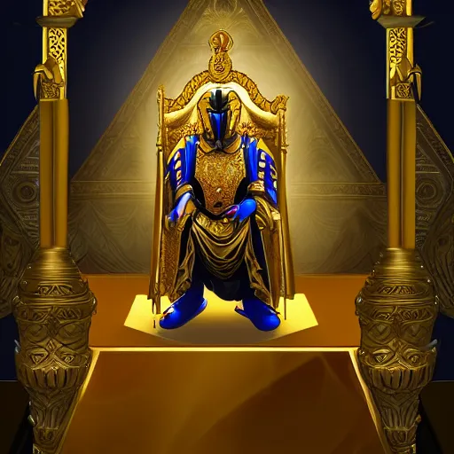 Prompt: a tall and powerful royal knight in golden armor bowing to his king in a throne room, digital art, harsh lighting