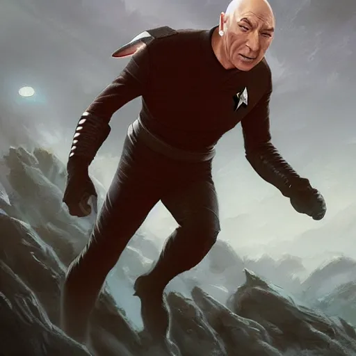 Prompt: Jean Luc Picard killing a bunch of alien species from Star Trek, highly detailed, digital painting, artstation, concept art, smooth, sharp focus, illustration by Artgerm and Greg Rutkowski and Tom Bagshaw