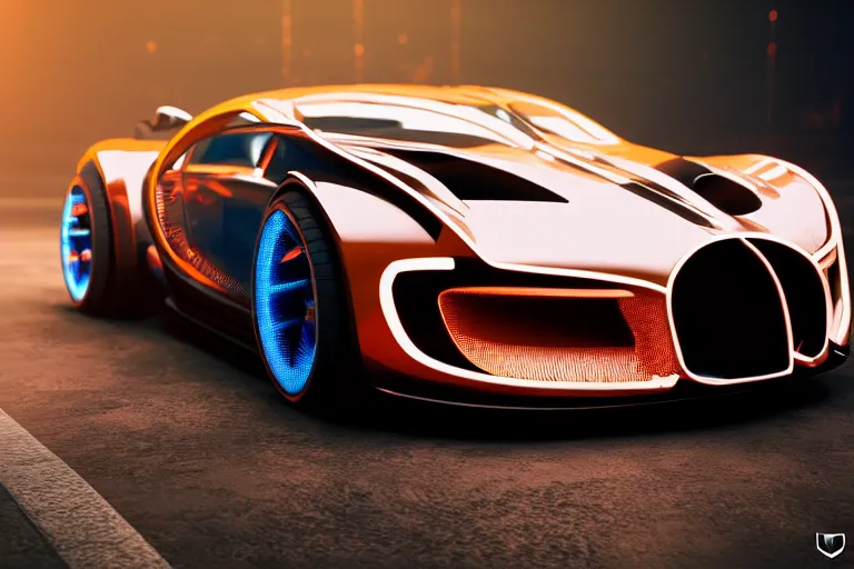 Image similar to cyberpunk bugatti concept inspired sports car, futuristic look, highly detailed body, very expensive, photorealistic camera shot, bright studio setting, studio lighting, crisp quality and light reflections, unreal engine 5 quality render