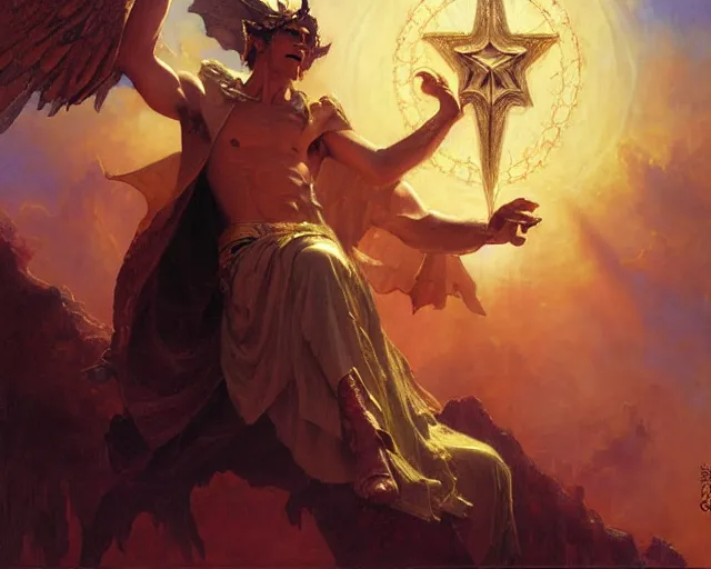 Image similar to attractive male deity, casting demonic magic, summoning handsome lucifer morning star. highly detailed painting by gaston bussiere, craig mullins, j. c. leyendecker 8 k