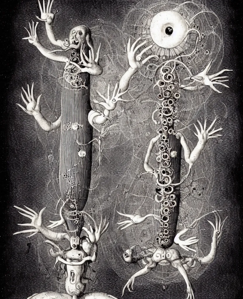 Image similar to whimsical freaky creature sings a unique canto about'as above so below'being ignited by the spirit of haeckel and robert fludd, breakthrough is iminent, glory be to the magic within