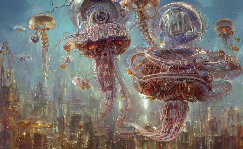 Image similar to Cyborg biomechanical jellyfish city. By Konstantin Razumov, highly detailded