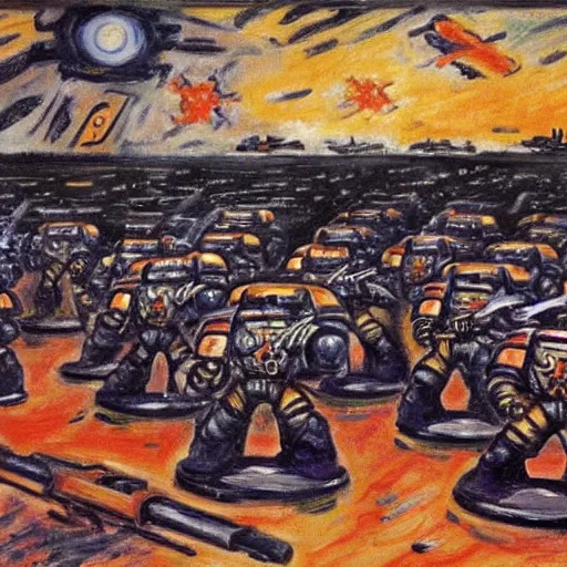 Image similar to a painting of a warhammer 4 0 k space marine squadron, by monet, munch,