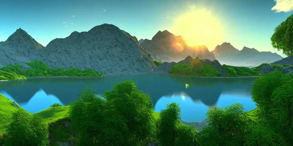 Prompt: a beautiful landscape, sun rises between two mountains, a lake in between the mountains, green, lush vegetation, blue sky, cloudy, 3 d artwork by john stephans, unreal engine 5, extremely detailed, hyper realism