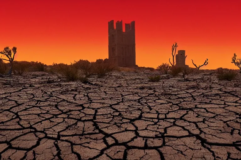 Image similar to very dry ground, desert, cracked, big tower in the background, red sky, fire in the background, award - winning, ethereal, dreamy, realistic