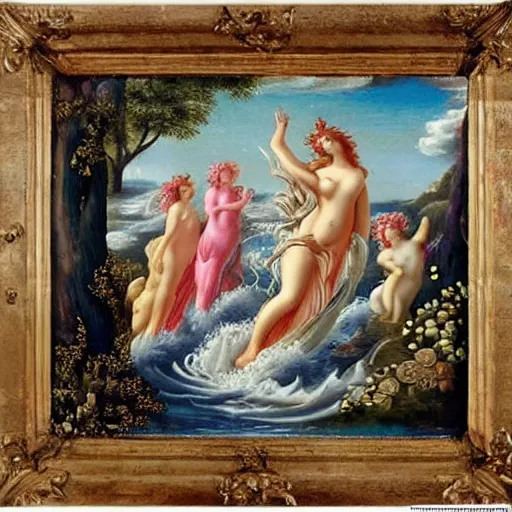 Image similar to The collage depicts the goddess Venus, who is born from the sea, being blown towards the shore by the wind god Zephyr. On the shore, the goddess of love, beauty, and fertility, is greeted by the nymphs who attend to her. The collage is a masterful example of use of color, light, and perspective. The figures are depicted in graceful poses, and the overall effect is one of serenity and beauty. by Charles Robinson a e s t h e t i c