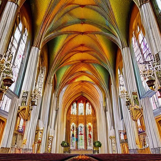 Prompt: a grand ethereal elegant cathedral interior with infinite beautiful stained glass made of colorful flowing magical smoke