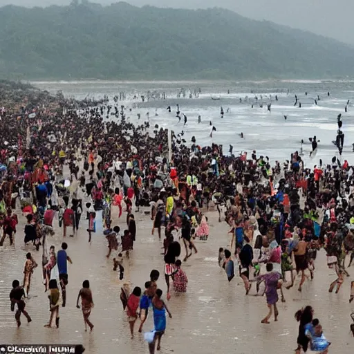 Image similar to a crowd of people run away from the tsunami