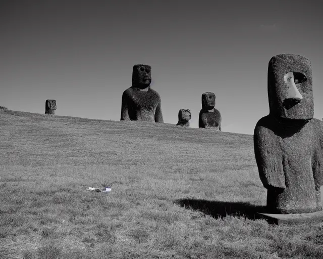 Image similar to black and white noir film with moai