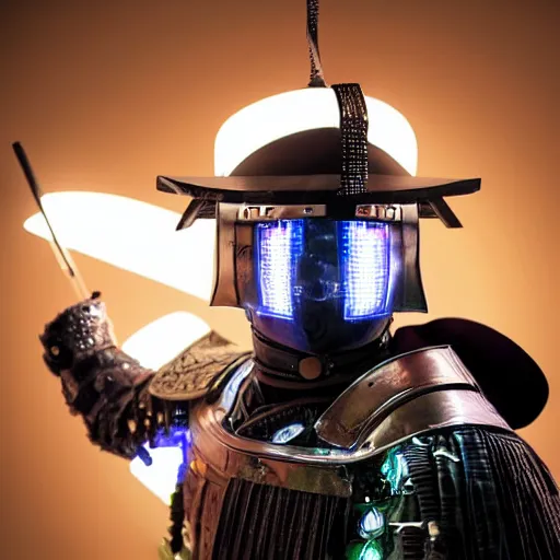 Prompt: photo of a cybernetic samurai, leds