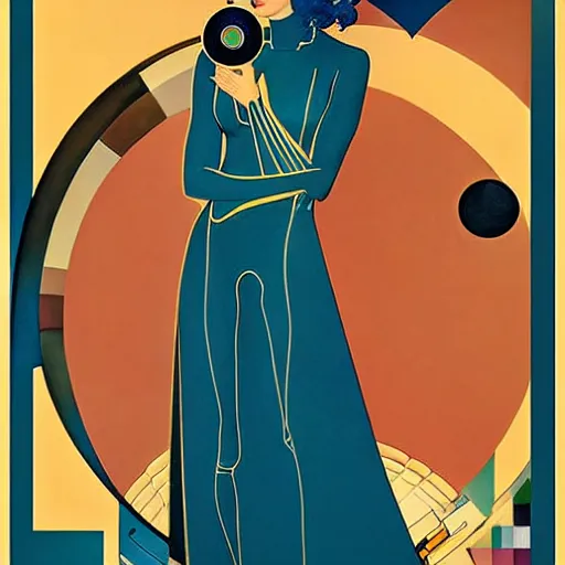 Image similar to Art by Coles Phillips, Portrait of Eva Green as Space Commander Zeta from the Year 3000, Mucha, Kandinsky, indigo, teal, gold