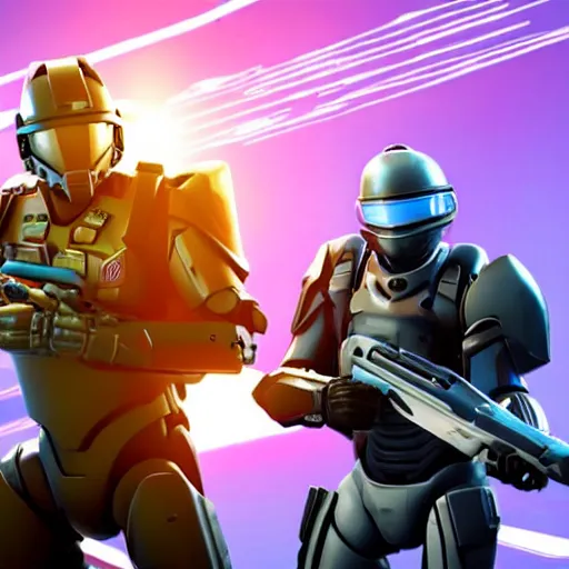 Prompt: Master Chief and Robocop sharing a pizza, a screenshot from Fortnite