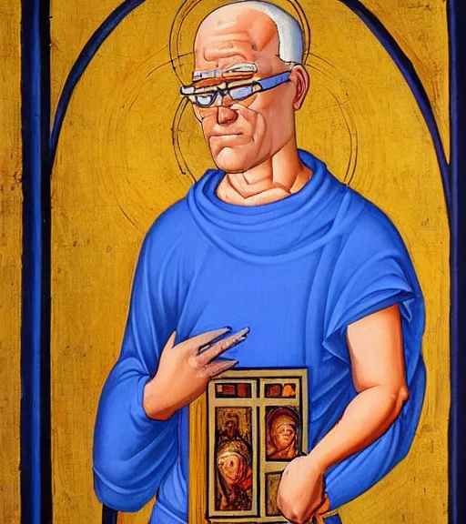 Image similar to hank hill as the god of propane, white tshirt, blue jeans, surrounded by blue fire and blue flames, renaissance religious painting, late gothic religious paintings, byzantine religious art, painting by duccio di buoninsegna and carlo crivelli, trending on artstation