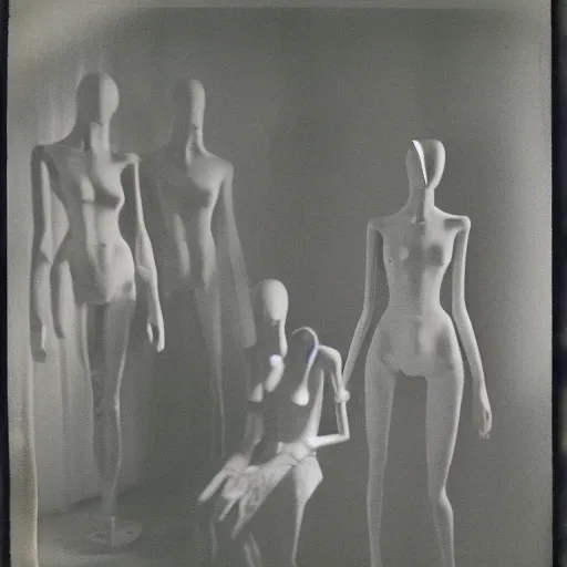 Image similar to dark room filled with shadowy mannequins, horror, nightmare, terrifying, surreal, nightmare fuel, old polaroid, blurry, expired film, lost footage, found footage,