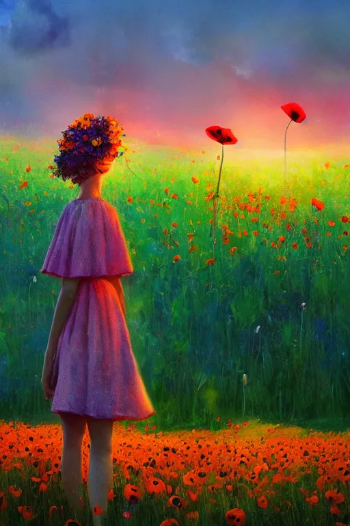 Image similar to closeup, giant poppy flower head, girl standing in a field of flowers, surreal photography, sunrise, blue sky, dramatic light, impressionist painting, digital painting, artstation, simon stalenhag