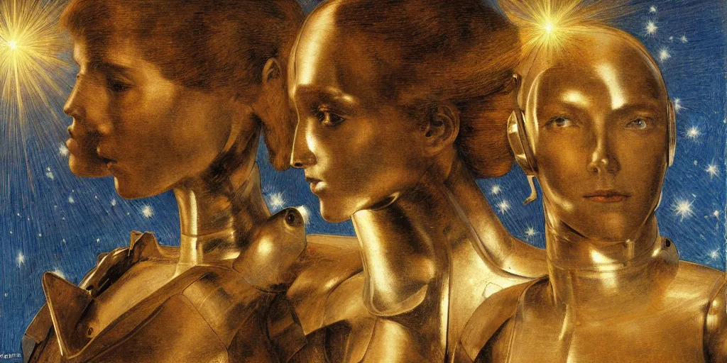 Prompt: portrait of a chrome female robot, reflections, mirroring, stars in space, rich clouds, warm azure tones, heavy lensflare, color bleed, film grain, depth of field, jules bastien - lepage, rudolph belarski, johfra bosschart, alexandre cabanel