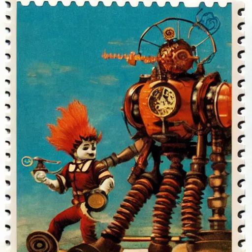 Prompt: bioshock steampunk orange mohawk Streetfighter Gnome Santa riding an intricate clockwork gearwork automaton springs gears bolts wires golem vehicle traveling stamp postcard winslow homer craig j. spearing thomas eakins