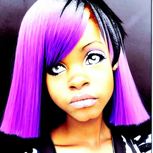 Image similar to black anime manga girl, wearing camo, white french bob, purple colored eyes