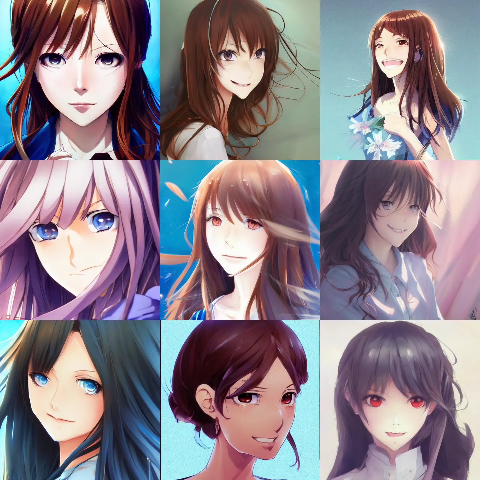 Prompt: An anime drawing of a beautiful woman with straight brown hair, a pretty smile, bright blue eyes, without glasses, and her whole head in the frame, by Stanley Artgerm Lau, WLOP, Rossdraws, James Jean, Andrei Riabovitchev, Marc Simonetti, and Sakimi chan, trending on artstation