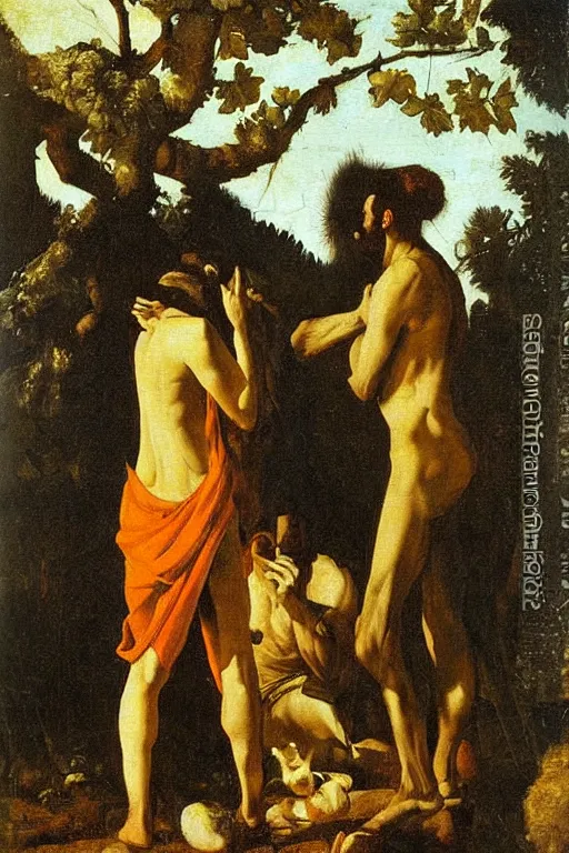 Prompt: artemisia gentileschi oil painting cloaked men trading animals in the woods
