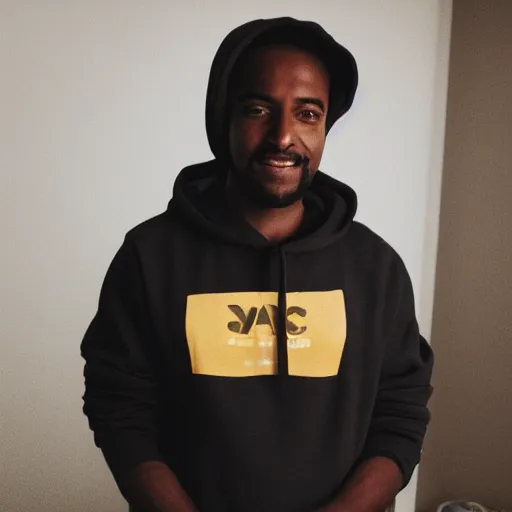 Image similar to cool black guy, wearing a golden kappa hooded sweatshirt, photo inside apartment, digital camera