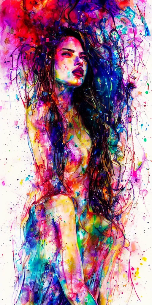 Image similar to adriana lima by agnes cecile enki bilal moebius, intricated details, sitting on a stool, full body portrait, extremely luminous bright design, pastel colours, drips, autumn lights