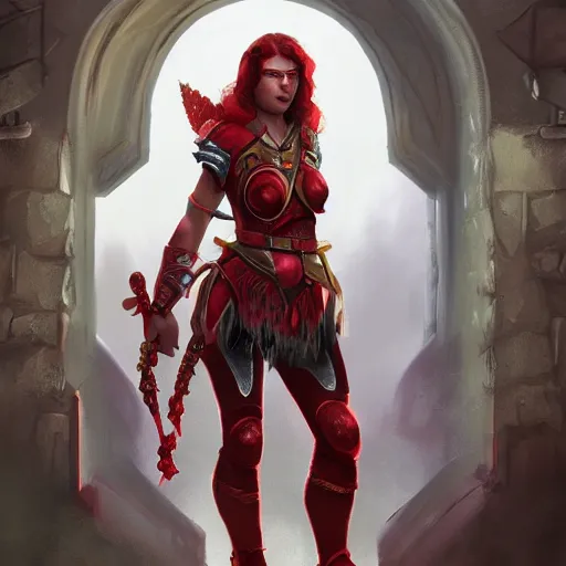 Prompt: warrior woman in ruby armor standing in doorway, illustration, grindeath style, fog background, centered, 8k, high detail, soft light, artstation