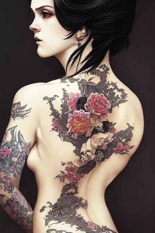 Image similar to goth yakuza girl tattoos, intricate, elegant, highly detailed, digital painting, artstation, concept art, smooth, sharp focus, illustration, art by artgerm and greg rutkowski and alphonse mucha and william-adolphe bouguereau