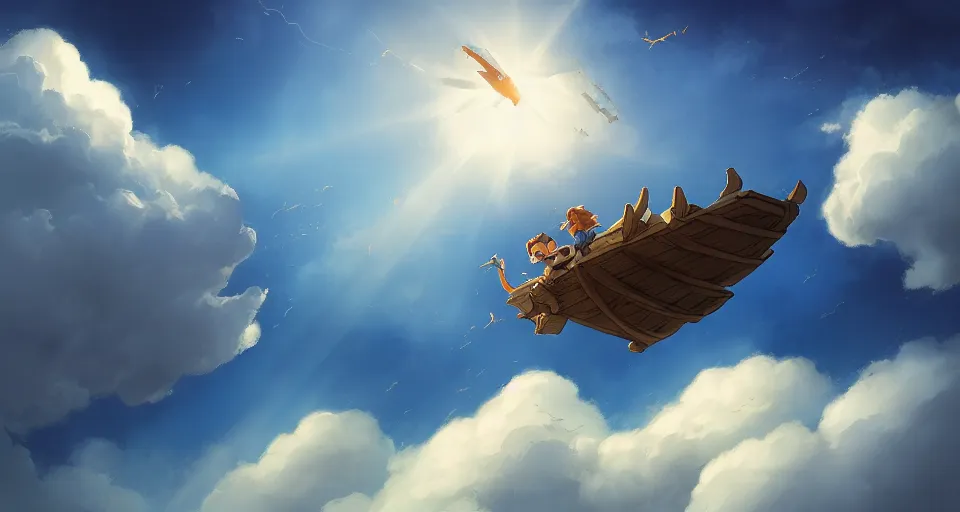 Image similar to a boy being thrown off of a large wooden fantasy sky - ship flying through the clouds with blue sky, andreas rocha style