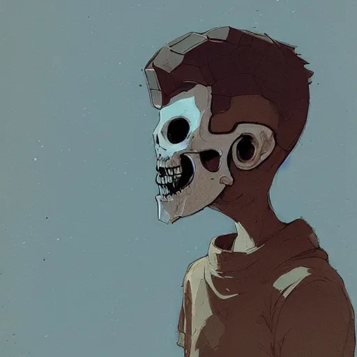 Prompt: boy wearing skull mask by atey ghailan, by greg rutkowski, by greg tocchini, by james gilleard, by joe fenton, by kaethe butcher, dynamic lighting, gradient light blue, brown, blonde cream and white color scheme, grunge aesthetic