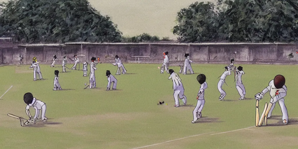 Image similar to cats playing cricket in a cricket ground, art by Hayao Miyazaki