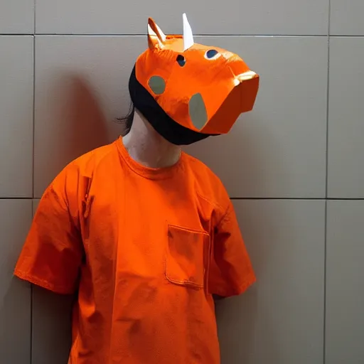 Image similar to inmate wearing horse head with orange clothes