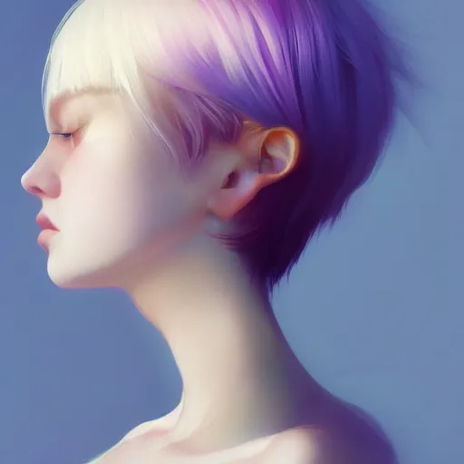 Prompt: hyper-detailed Portrait of a cute woman vibrant pixie hair by Yanjun Cheng and Hsiao-Ron Cheng and Ilya Kuvshinov, 3/4 profile, portrait photography, rim lighting, realistic eyes, photorealism pastel, illustration
