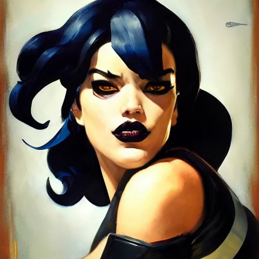 Image similar to greg manchess portrait painting of domino as overwatch character, medium shot, asymmetrical, profile picture, organic painting, sunny day, matte painting, bold shapes, hard edges, street art, trending on artstation, by huang guangjian and gil elvgren and sachin teng