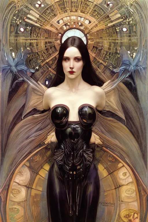 Image similar to masterpiece painting of beautiful demonic countess girl by donato giancola, h. r. giger and tom bagshaw, face by artgerm and edmund leighton, background by james jean and alphonse mucha, 8 k, gothic horror, majestic, volumetric lighting, porcelain skin, art deco, trending on pixiv