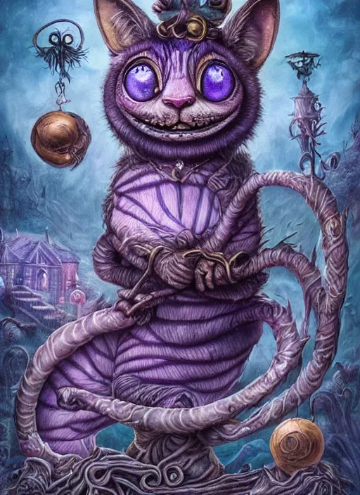 Image similar to cheshire cat strength tarot card, highly detailed, cinematic, 8 k, bymegan duncanson, benjamin lacombe, naoto hattori, adrian borda, giger, trending on deviantart, hyper detailed, horror, full of colour