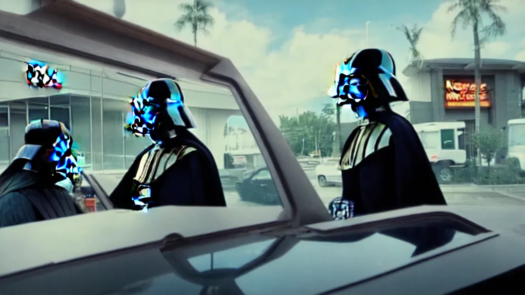 Image similar to Darth Vader at Mcdonalds Drive through, film still from the movie directed by Denis Villeneuve with art direction by Salvador Dalí, wide lens