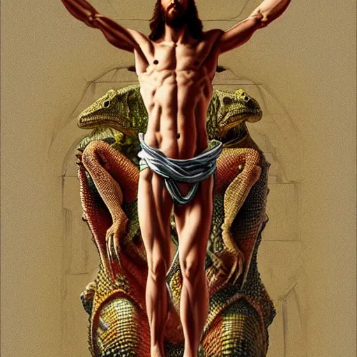 Image similar to fullbody!! entire body, dynamic action pose, jesus christ as a scaly cold blooded reptilian lizard crucified, intricate, humorous, holy cross, religious, absurd, highly detailed, digital painting, artstation, concept art, smooth, sharp focus, illustration, art by artgerm and greg rutkowski and alphonse mucha