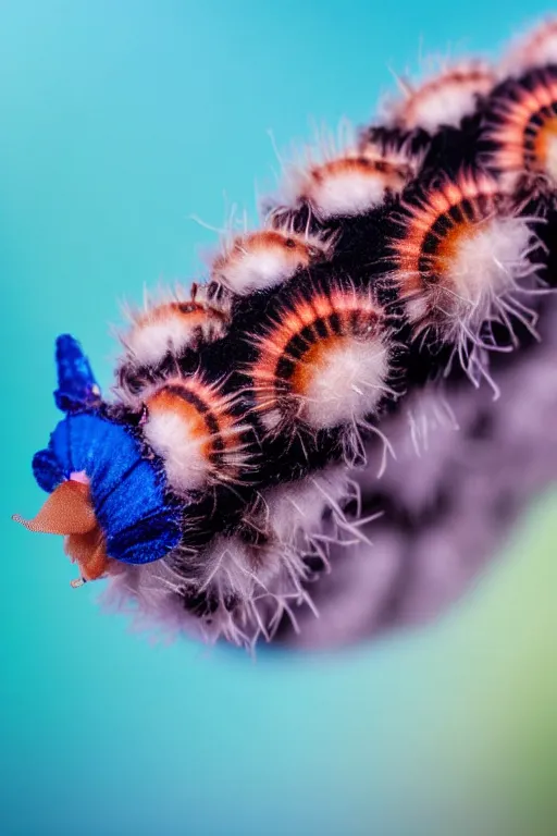 Prompt: high quality macro photo cute puss moth caterpillar! highly detailed hannah yata elson peter cinematic blue lighting high quality low angle hd 8k sharp shallow depth of field