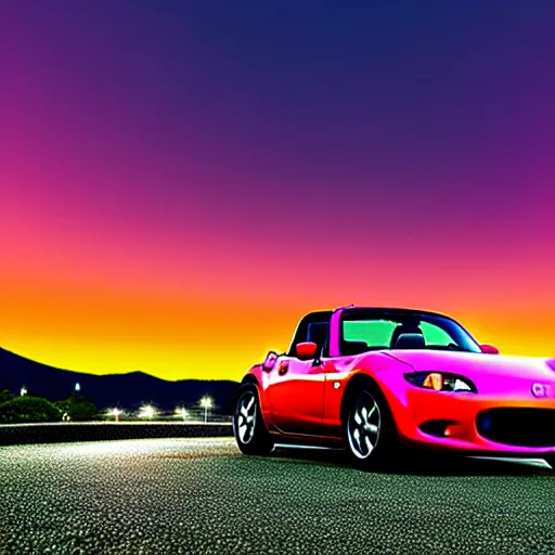 Image similar to a car Mazda Miata in middle of road, gunma prefecture, city sunset night, cinematic color, photorealistic, highly detailed