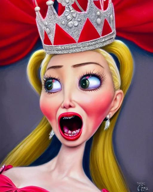 Image similar to closeup profile portrait of a tin toy ivanka trump screaming as a fairytale princess wearing a crown and eating cakes, bikini, hyper realistic, artstation, illustration, nicoletta ceccoli, mark ryden, lostfish, max fleischer, digital paint, matte paint, vivid colors, bright, cheerful, detailed and intricate environment