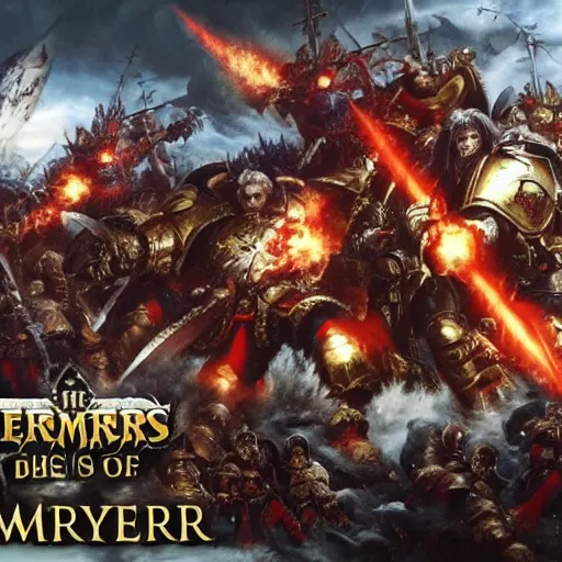 Image similar to The Emperor of mankind together with the primarchs are fighting against the Orcs. Epic battle, brutal style, super quality, 4k.